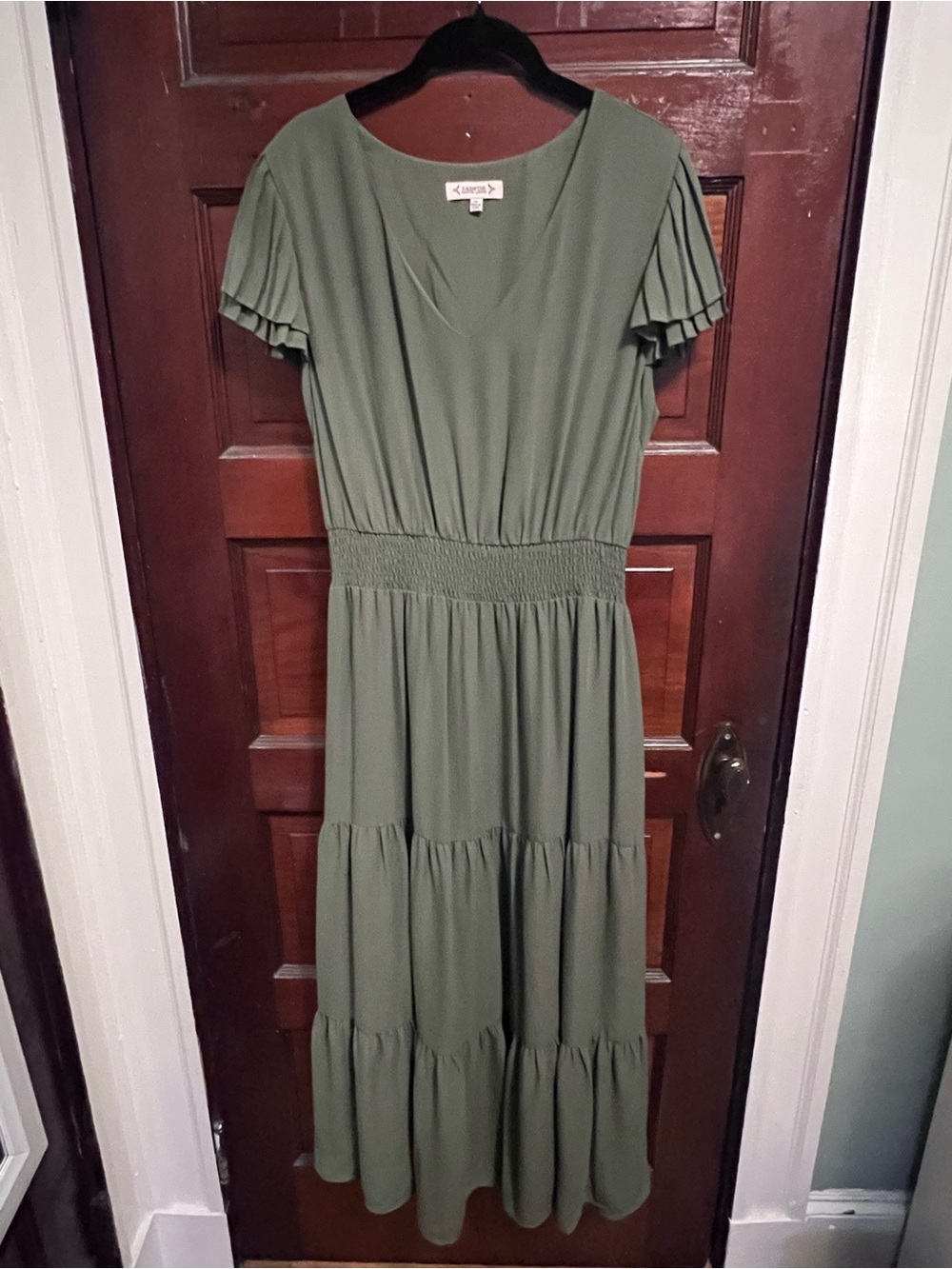 NWOT- Nanette Lepore Olive Green Tiered Maxi Dress with Pleated Sleeves
